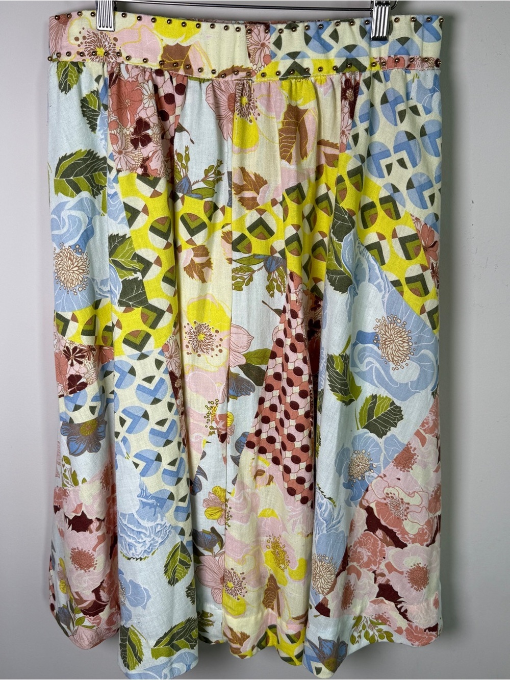By Design Mixed Floral Patchwork Midi Skirt Gold Stud Waistband Boho Summer XL